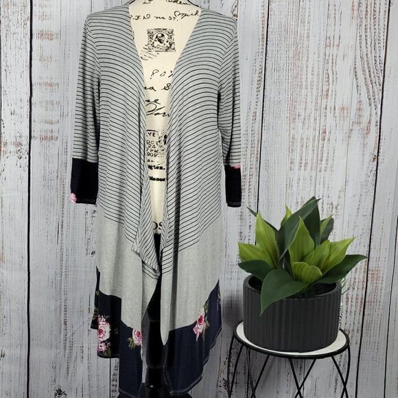 Maurices Color Block Floral Striped Medium Long Flowy Loose Fit Cardigan Shawl - Picture 2 of 8